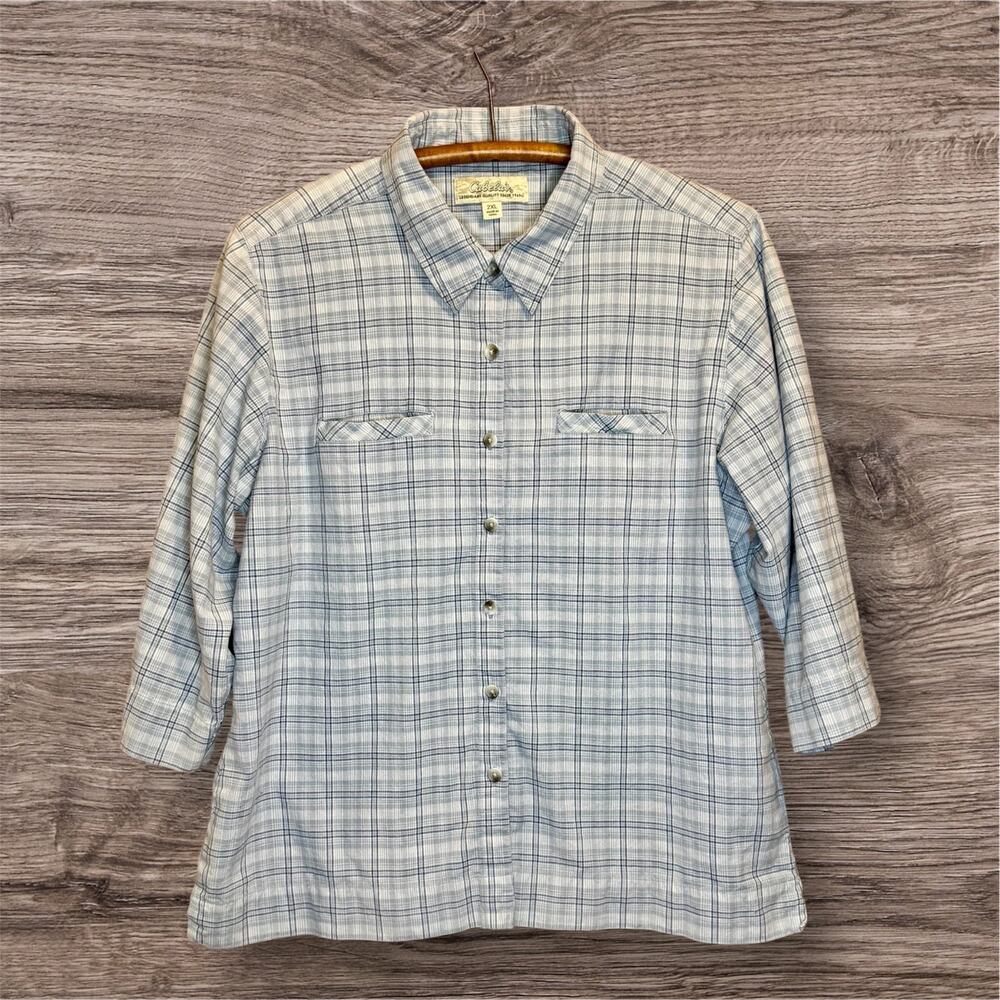 Cabela's Women's Plaid Button Down Shirt Size 2XL 3/4 Length Sleeves